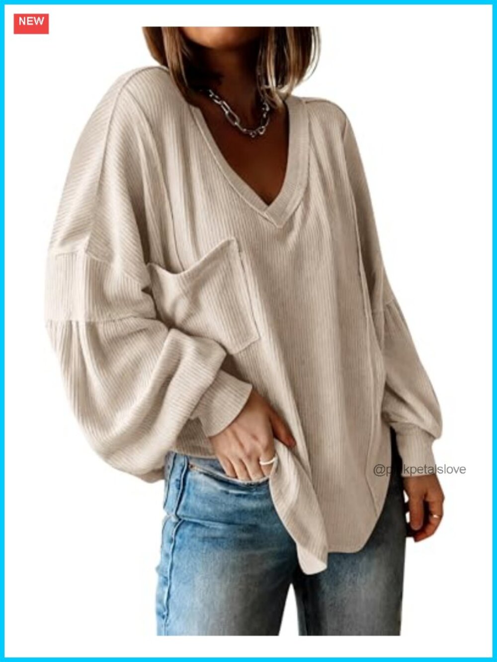 Ribbed Long Sleeve V-Neck Tunic Top with Chest Pocket and Balloon Sleeves